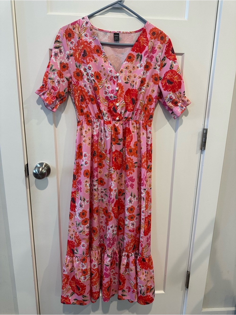 SHEIN Pink Midi Dress with Red Floral Print